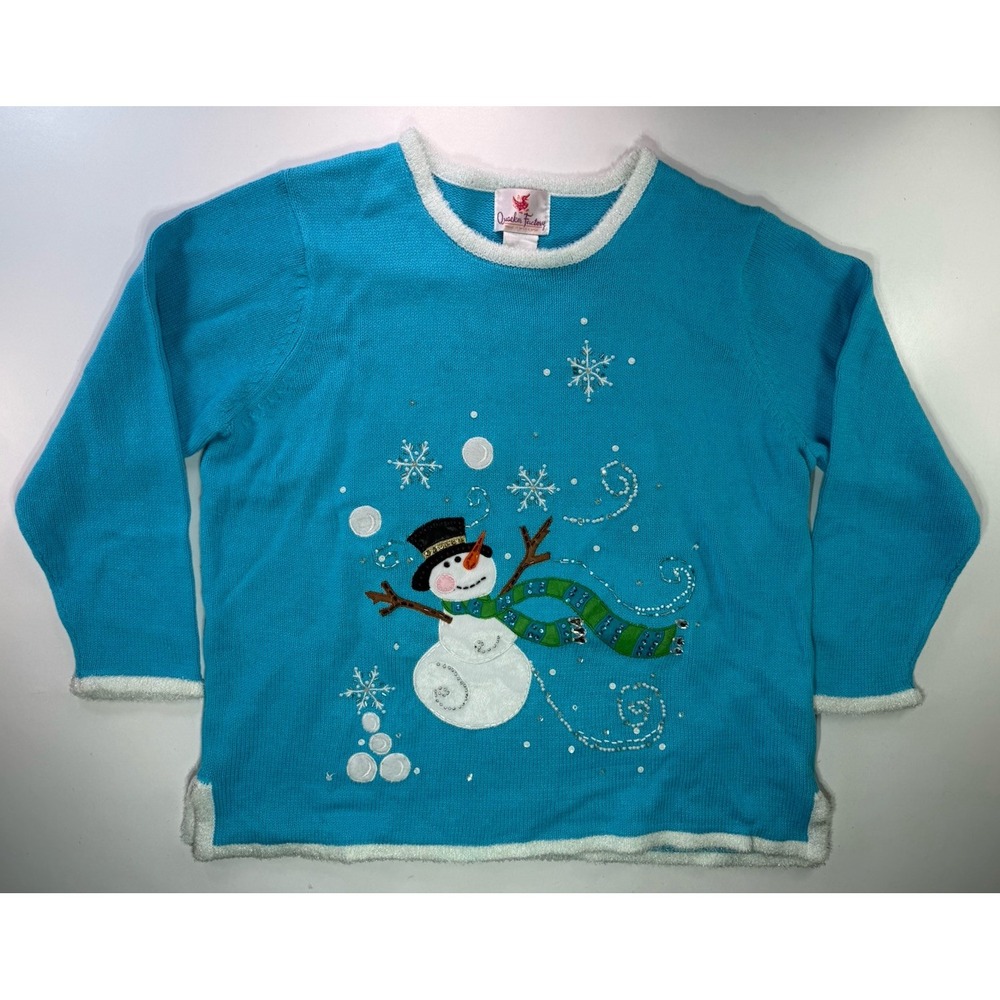 Quacker Factory Light-Up Snowman Sweater Blue 1X‎ Women Holiday Christmas Top